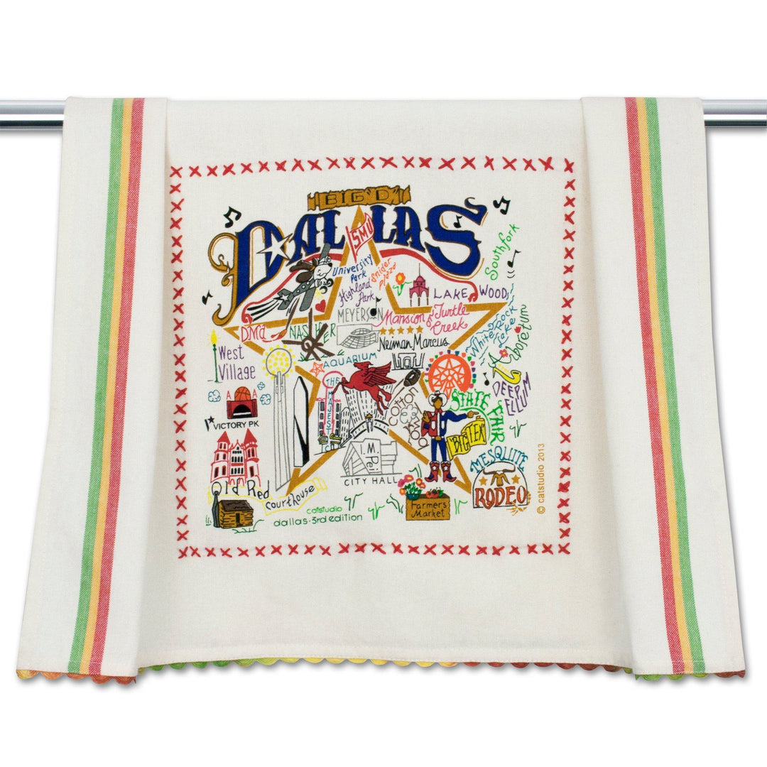 Catstudio geography dish towel featuring Dallas city map with colorful design, ideal for home kitchen decor.
