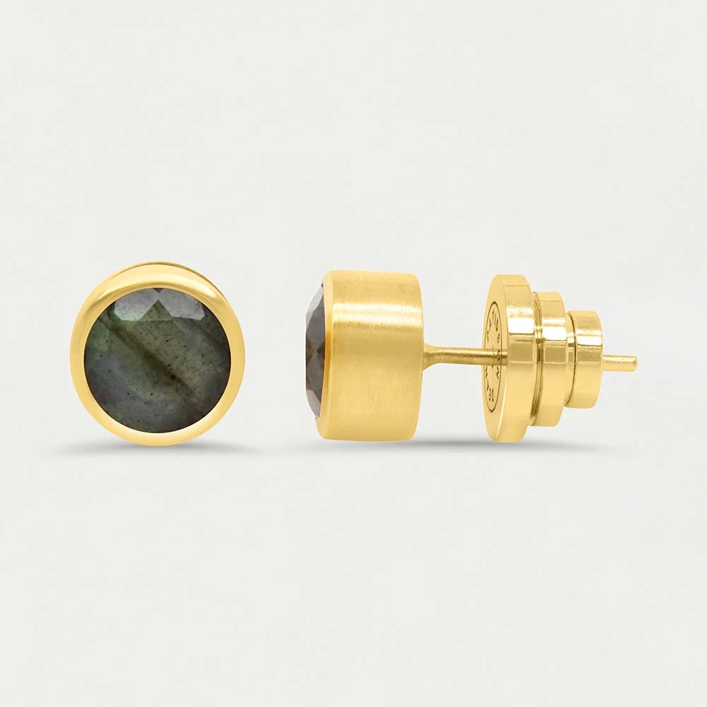 deaN Davidson Signature Midi Knockout Studs accessory, close-up of silver metallic studs with intricate design details.