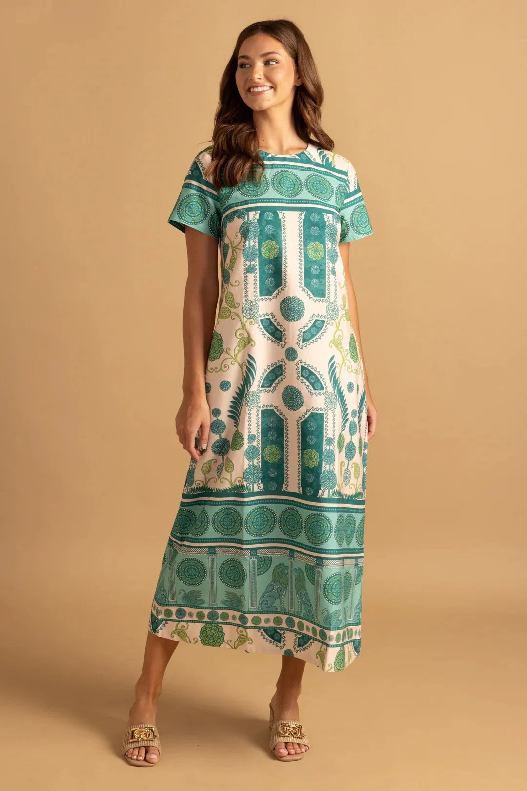 Double A Ellie Parterre Dress displayed on a hanger, showcasing its floral pattern and elegant design.