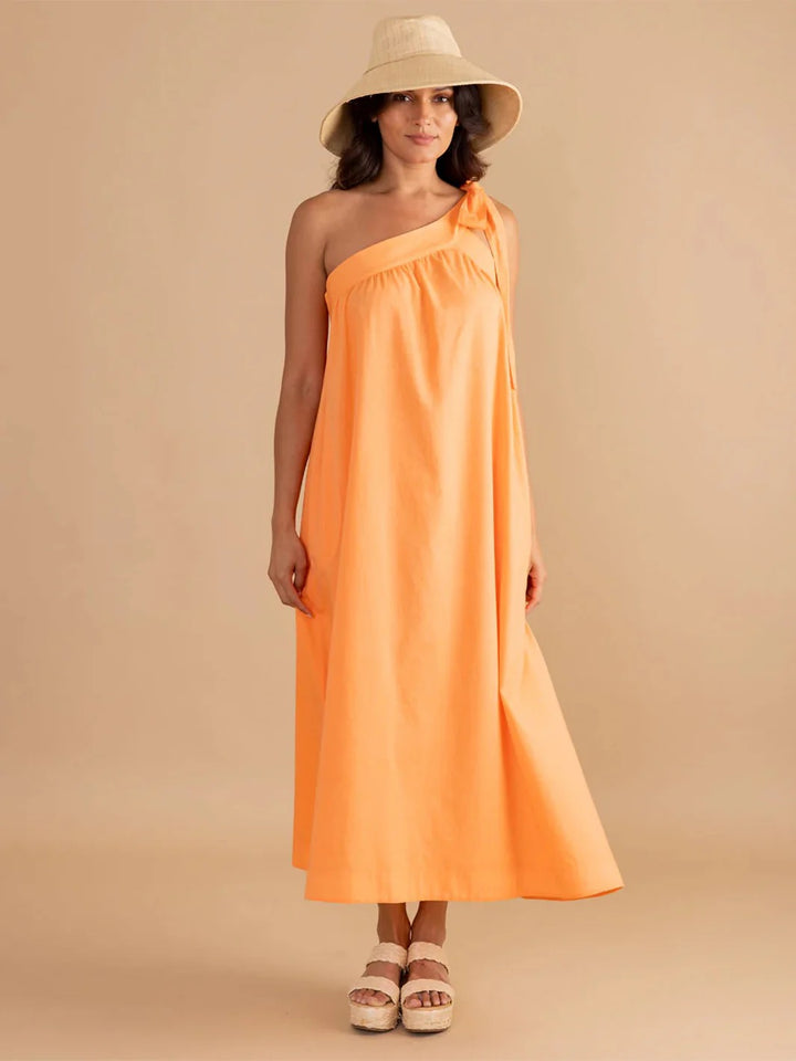 Double A Juliette Dress in vibrant melon color, showcasing a stylish, sleeveless design with a flowy silhouette.