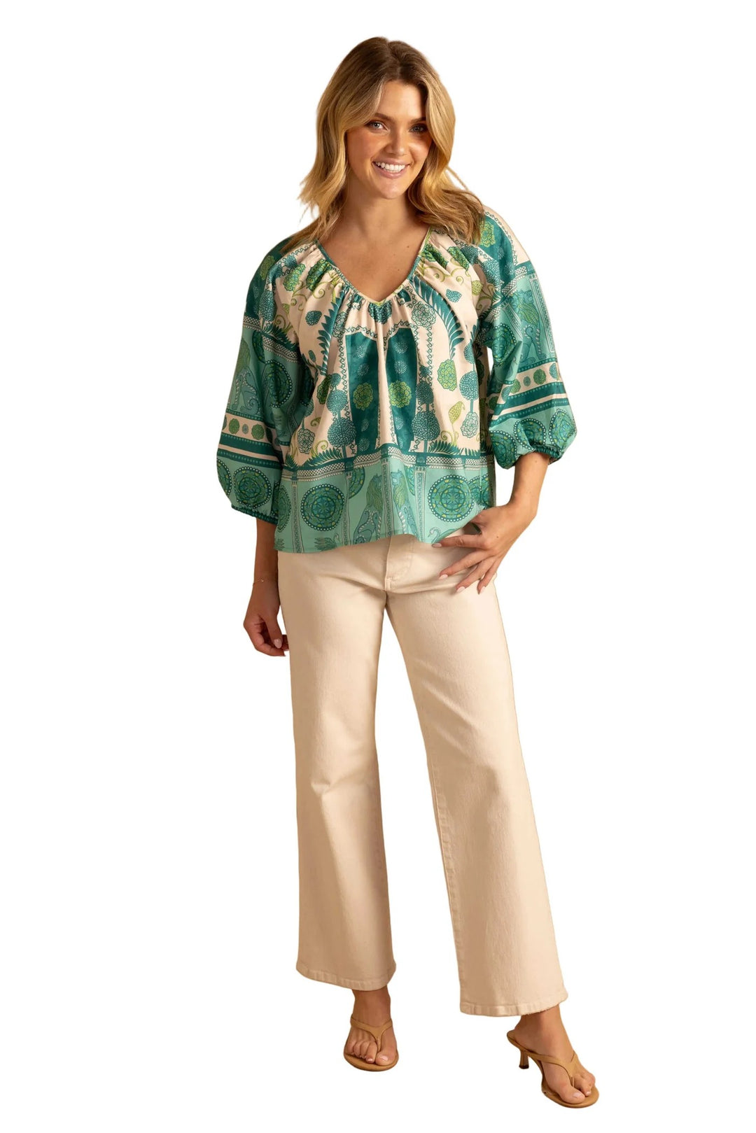 Double A Beatrice Parterre Blouse, stylish tops featuring floral pattern and lightweight fabric, displayed on a hanger.