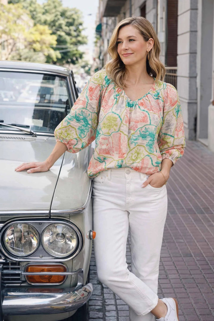 Double A Beatrice Tea Party Blouse, stylish tops featuring delicate floral patterns and a feminine neckline.