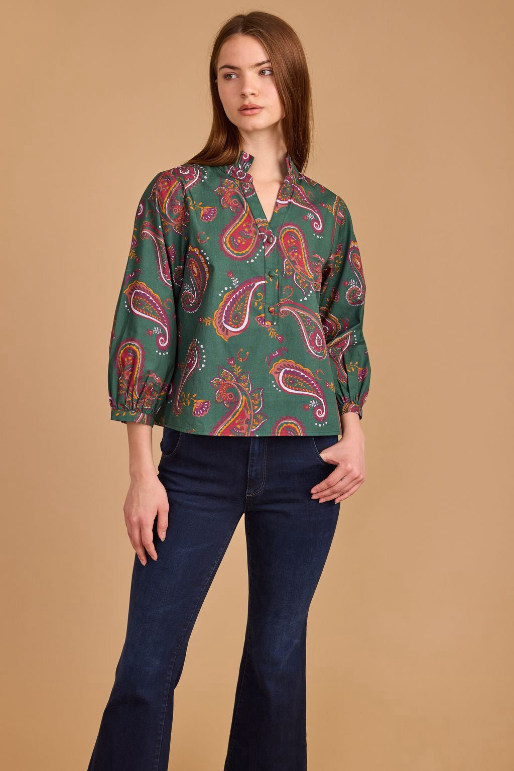 Double A Daniella Winter Paisley Blouse, stylish tops featuring a vibrant paisley pattern and long sleeves.
