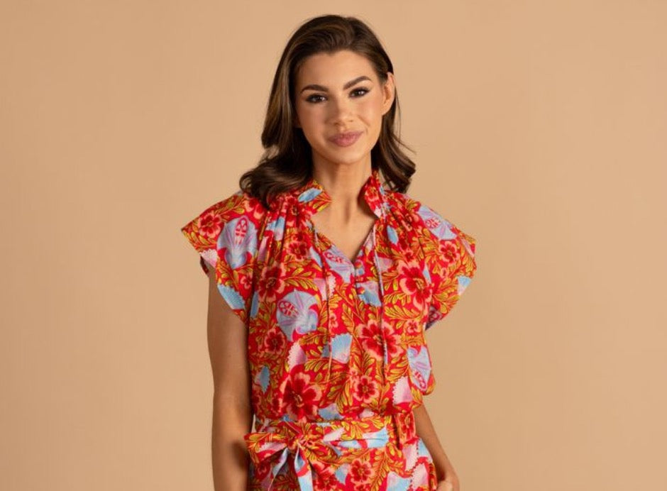 Double A retro floral em top, stylish women's tops with vibrant floral print and embroidered detail, perfect for casual wear.