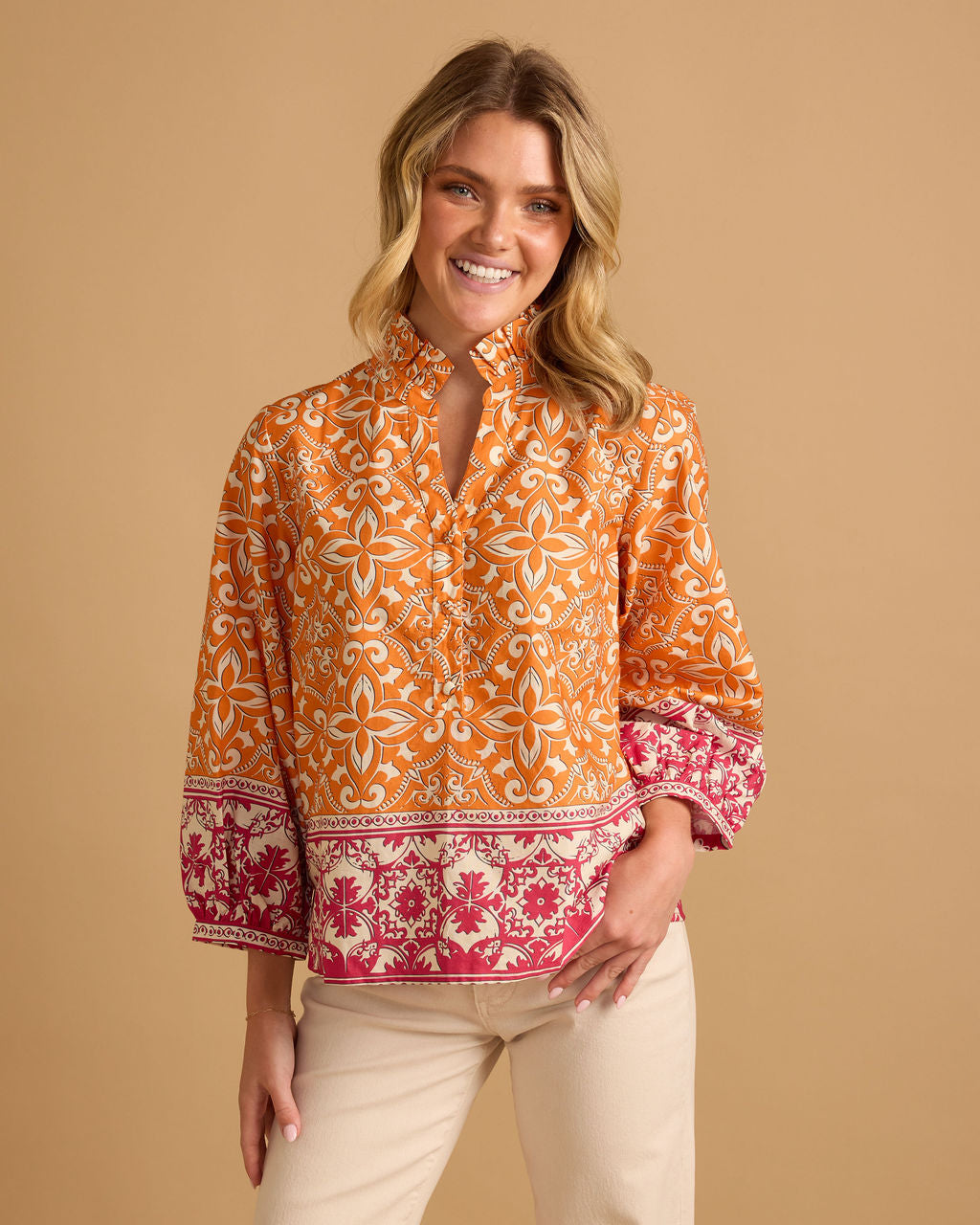Double A Daniella Mosaic Top featuring colorful patterned fabric, long sleeves, and a relaxed fit for stylish casual wear.