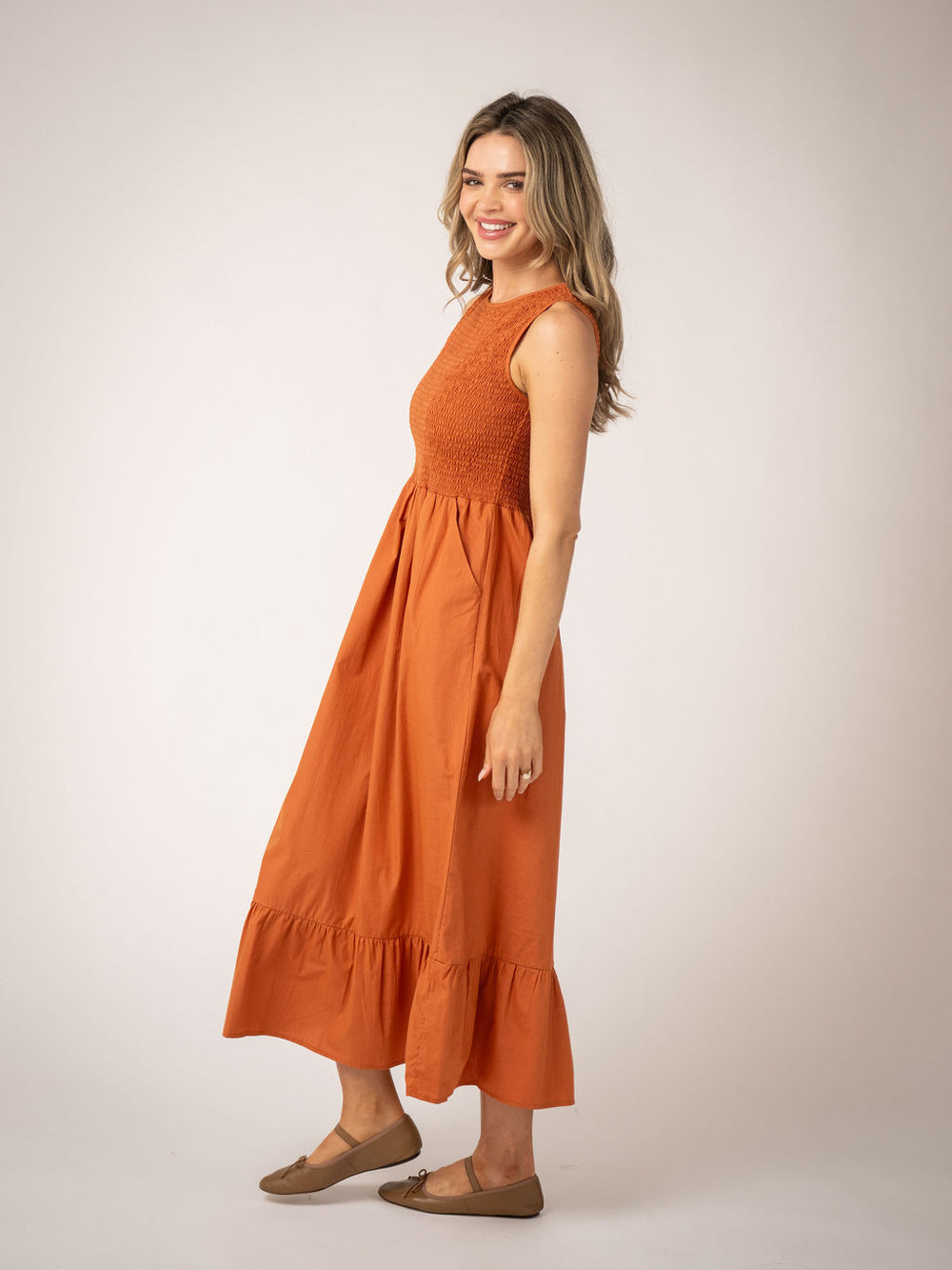 Margot Persimmon Dress | Smocked & Ruffle Hem