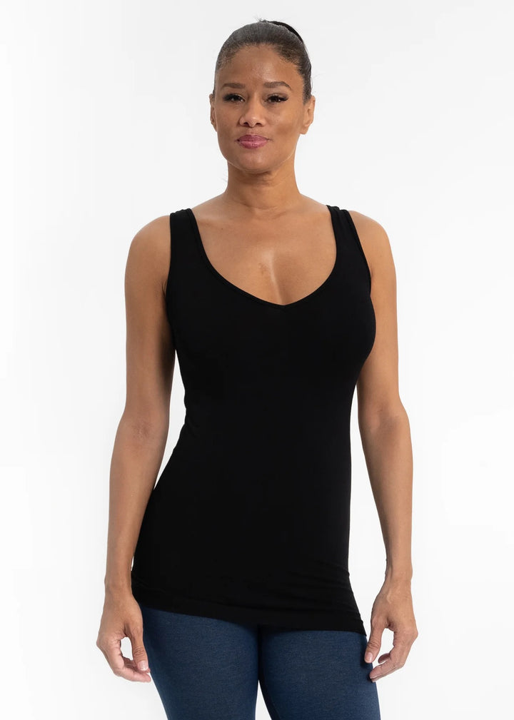 Reversible V-neck and scoop cami by Elietian, showing both front and back views in soft, versatile fabric.