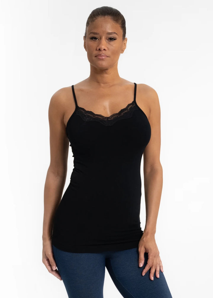Elietian spaghetti strap lace camisole in soft fabric, with delicate lace detailing and thin straps, displayed on a neutral background.