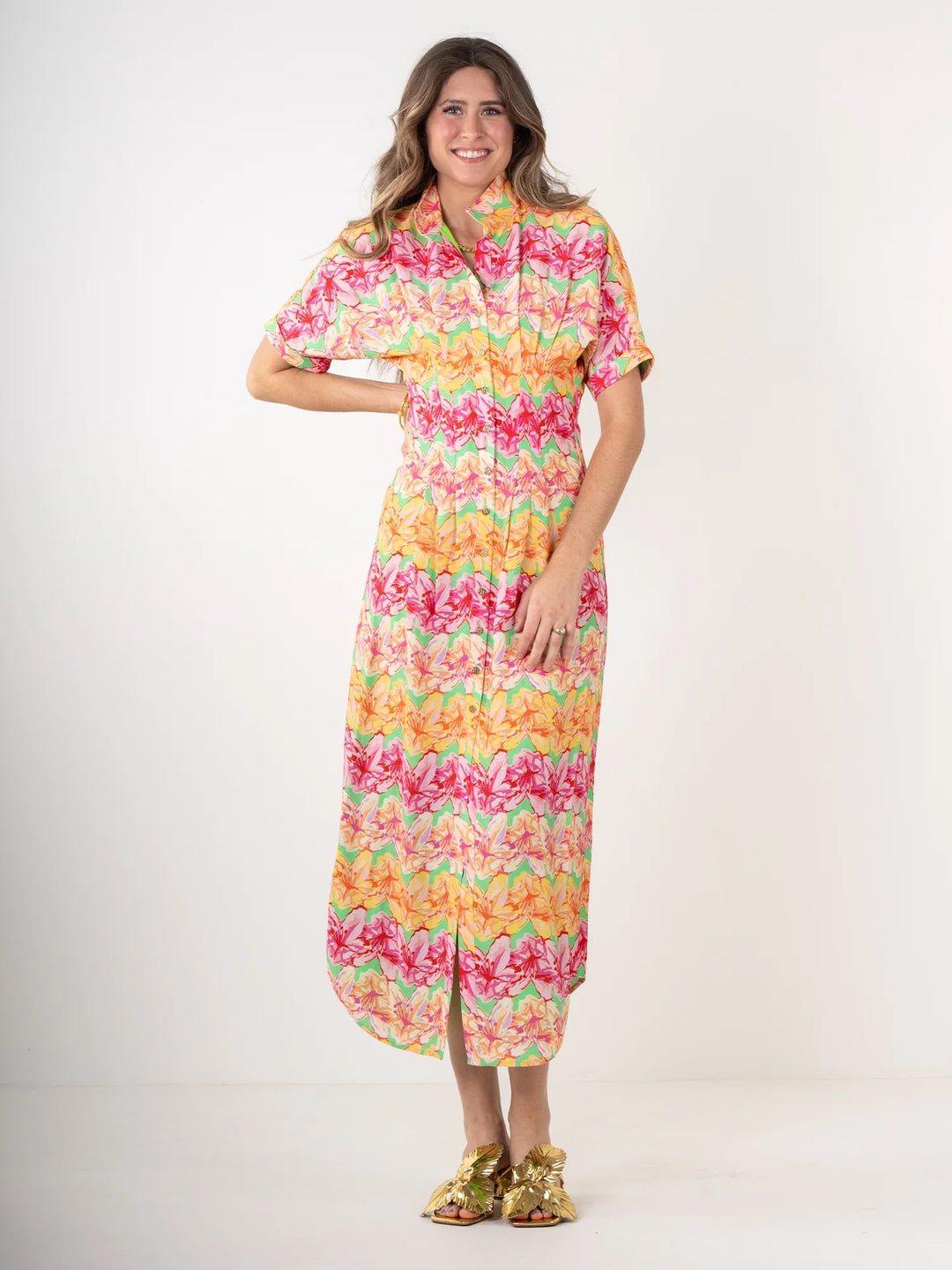 Emily McCarthy Georgia Azalea dress, stylish floral dress with vibrant colors and elegant design, perfect for spring and summer wear.