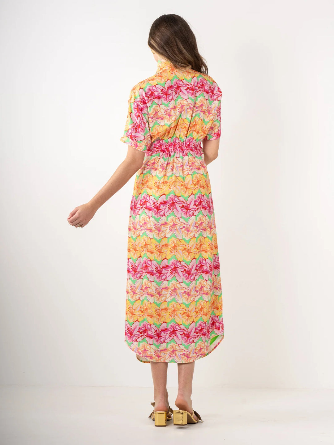 Emily McCarthy Georgia Azalea Dress, lightweight floral dress with vibrant pattern and sleeveless design, perfect for summer wear.