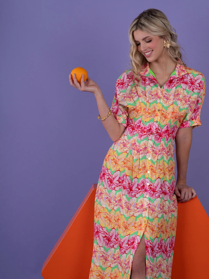 Emily McCarthy Georgia Azalea Dress, floral print dress with a fitted waist and short sleeves, displayed on a hanger.