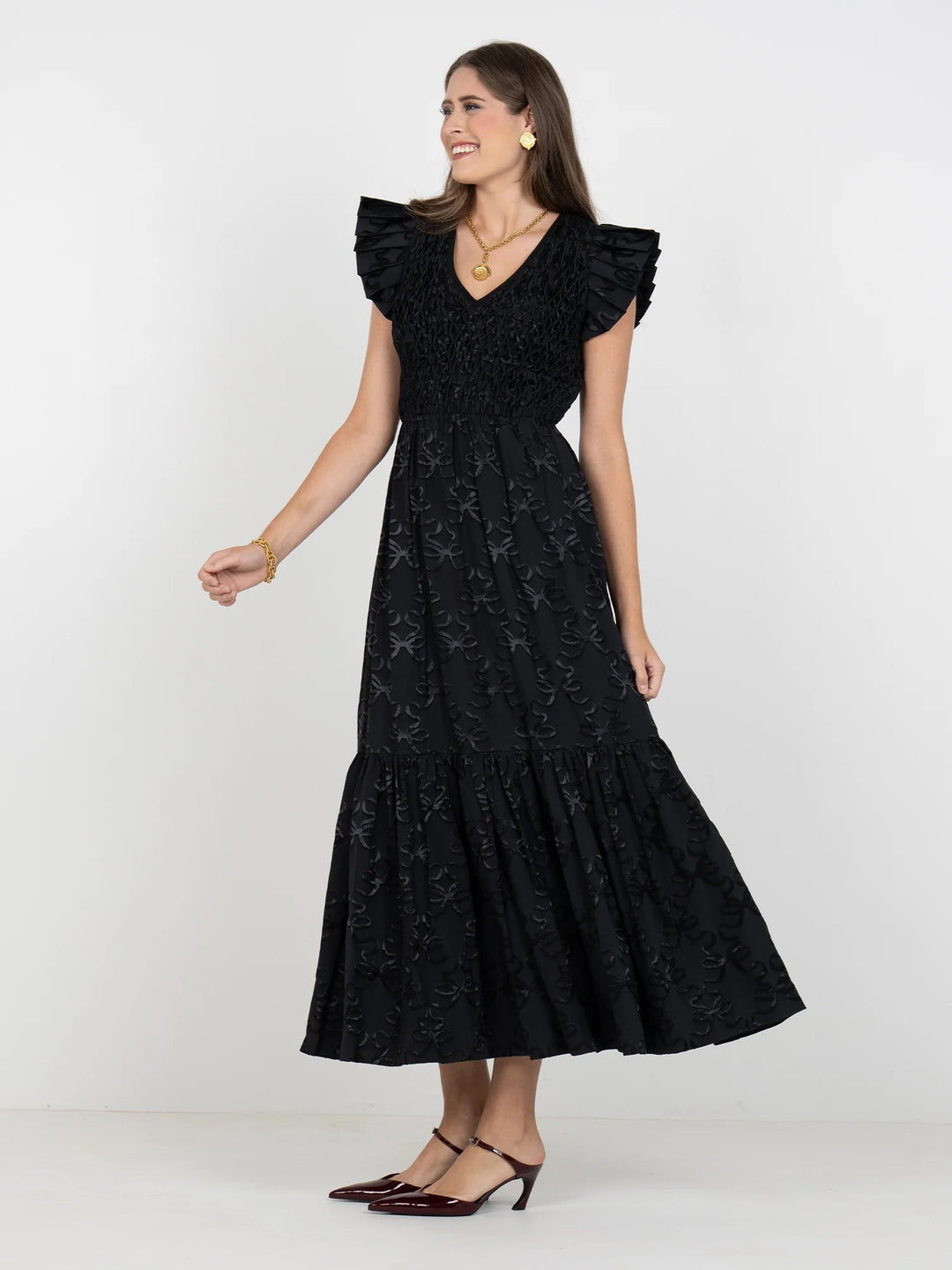 Emily McCarthy Grace Bow Lattice Midi Dress, elegant dress with bow detail and lattice pattern, perfect for stylish occasions.