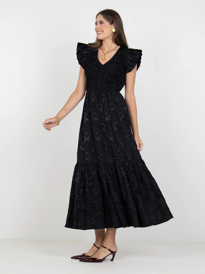 Emily McCarthy Grace Bow Lattice Midi Dress, elegant dress with bow detail and lattice pattern, perfect for stylish occasions.