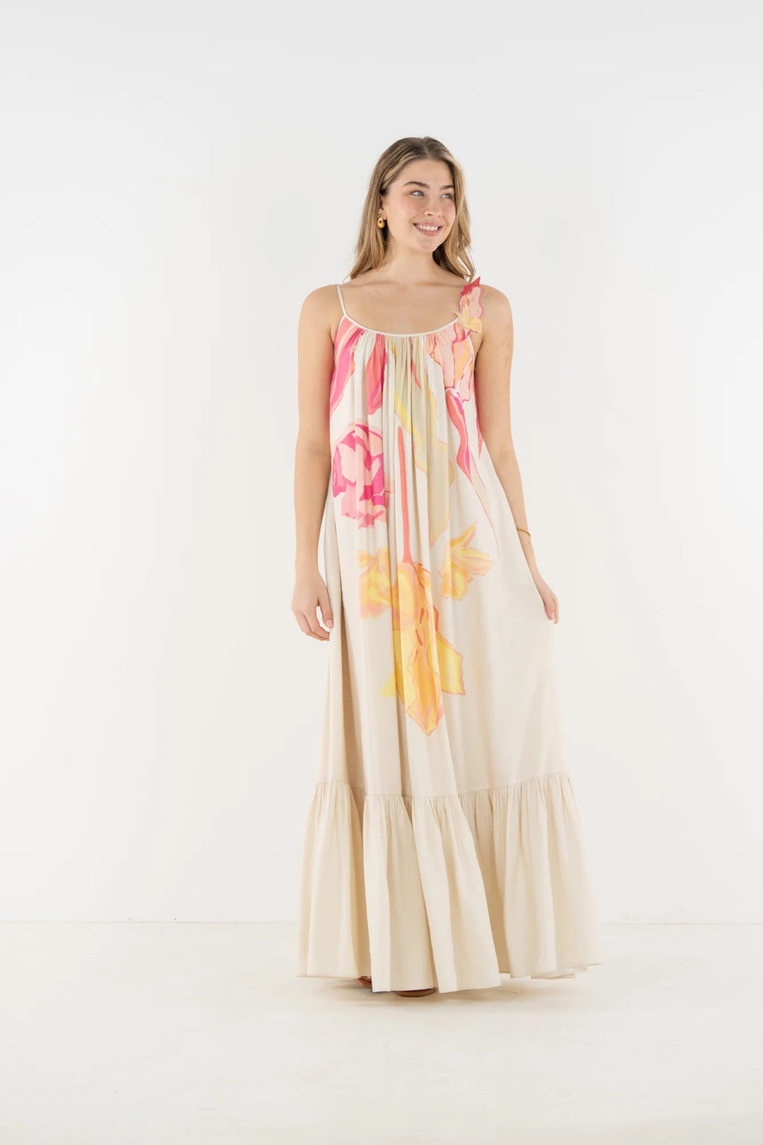 Susannah linen maxi dress by Emily McCarthy featuring a flowing design and ankle-length style, perfect for warm weather.