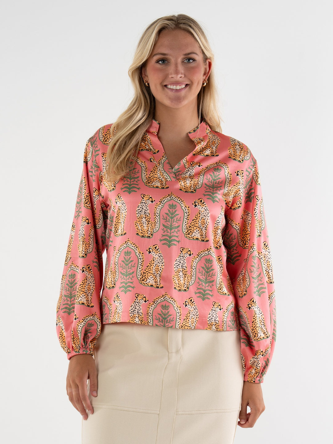 Emily McCarthy Cabana Cat Lolli Top, a stylish sleeveless blouse with colorful cabana cat print and relaxed fit.