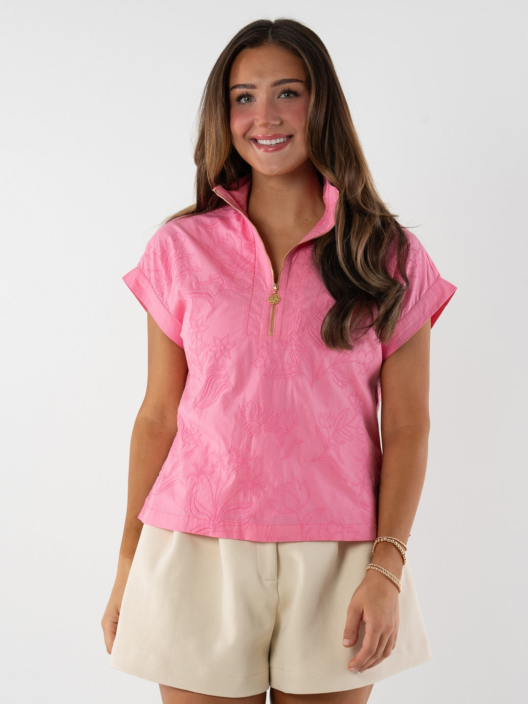 Emily McCarthy Rosé Poppy pullover tops featuring a floral design, soft fabric, and relaxed fit.