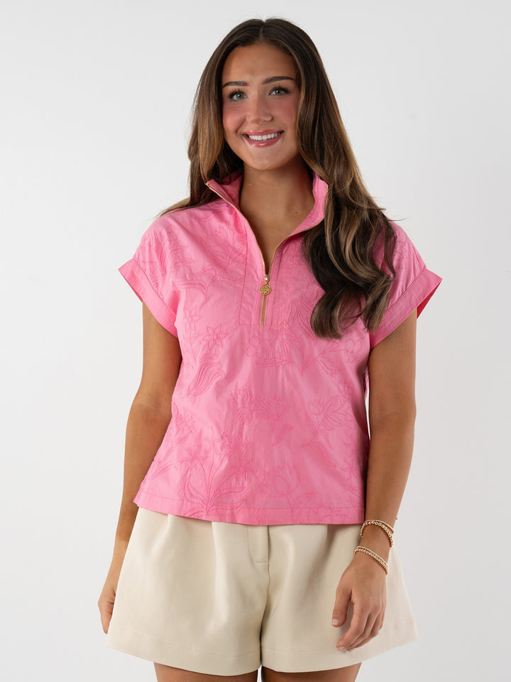 Emily McCarthy Rosé Poppy pullover tops featuring a floral design, soft fabric, and relaxed fit.
