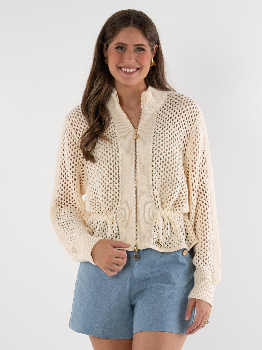 Emily McCarthy Sandshell Bailey Bomber top in neutral tones, showcasing a stylish, lightweight bomber jacket with a relaxed fit.