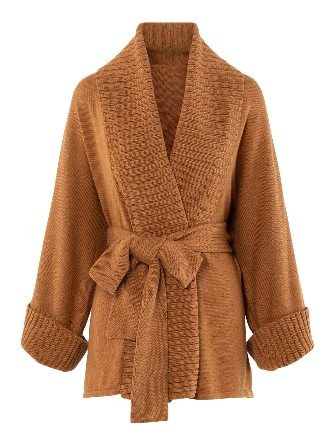 Willow Mocha Wrap Sweater by Emily McCarthy, cozy mocha-colored knit top with a wrap design and long sleeves.