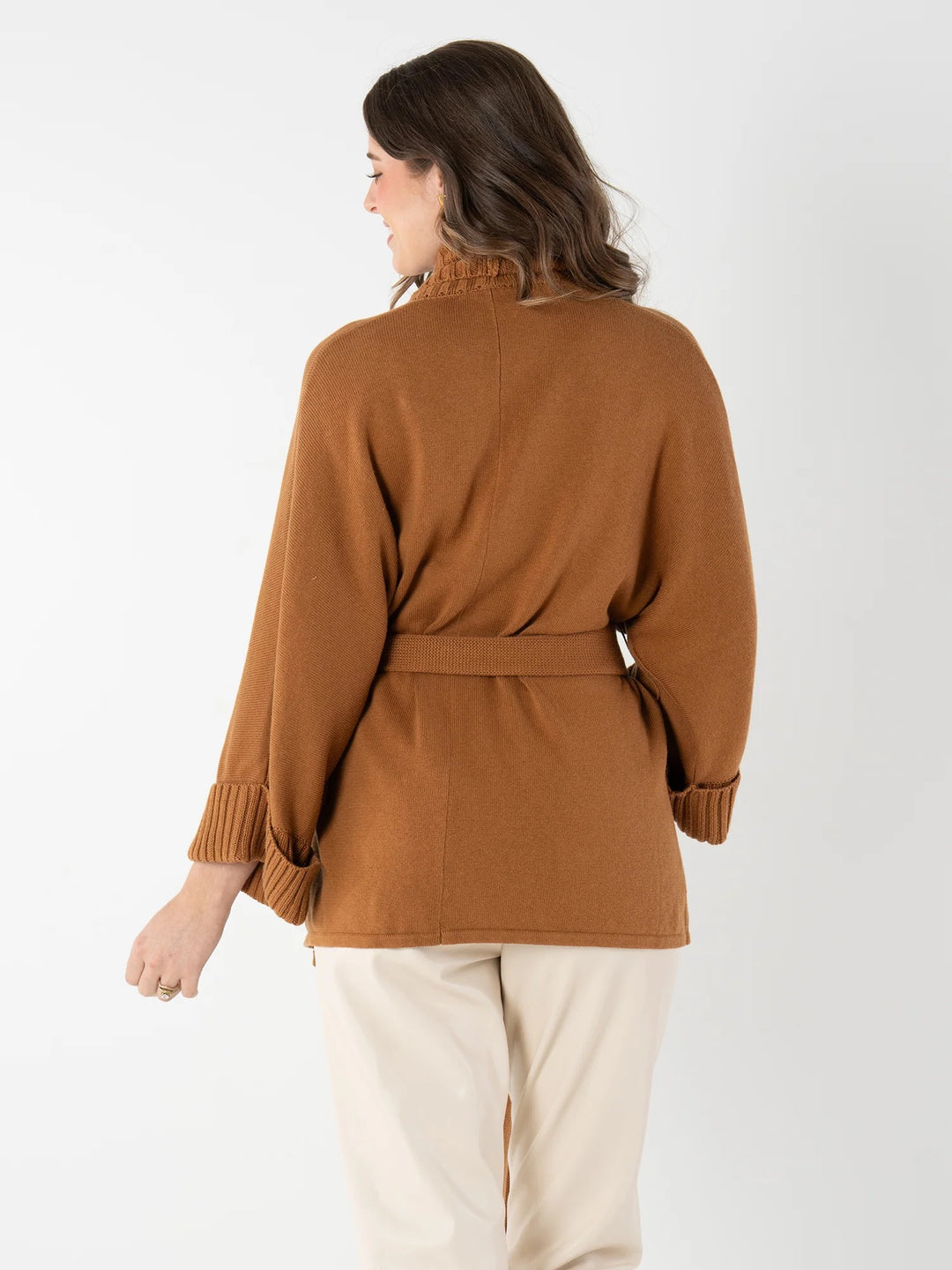 Willow Mocha Wrap Sweater by Emily McCarthy, cozy mocha-colored knit top with a wrap design and long sleeves.