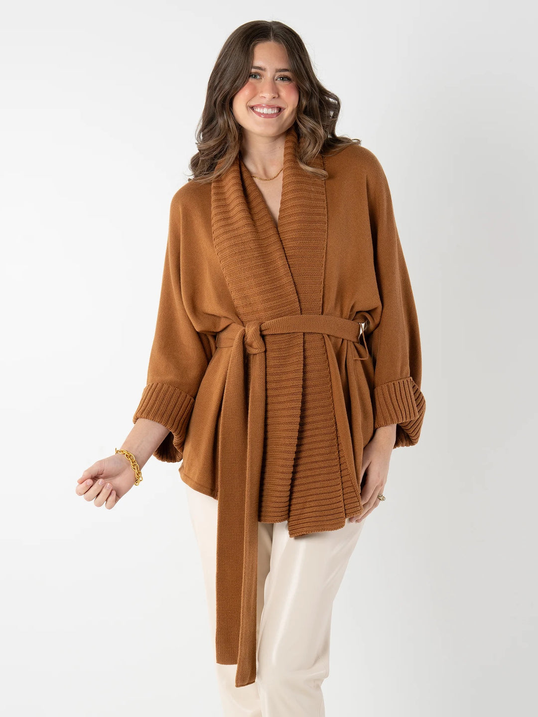 Willow Mocha wrap sweater by Emily McCarthy, stylish mocha-colored knit top with a cozy wrap design and long sleeves.