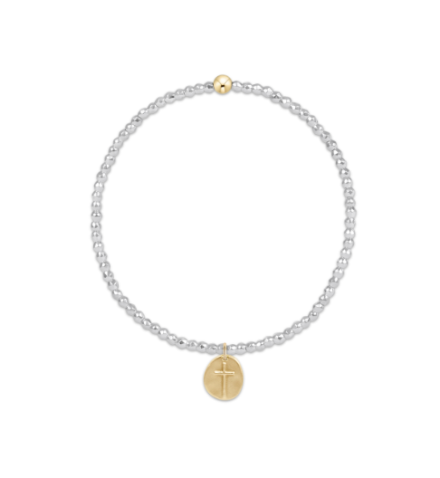Bright silver hematite 2mm beaded bracelet with faceted finish and small gold cross charm, stylish accessory by Enewton.