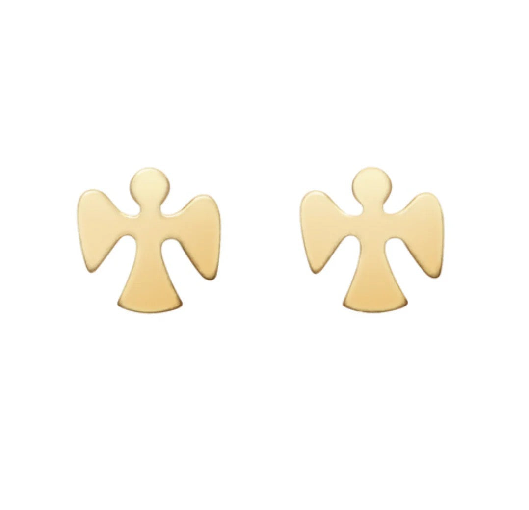 Gold Guardian Angel Stud Earring by Enewton, close-up of the small, detailed angel design on a shiny gold stud for accessories.