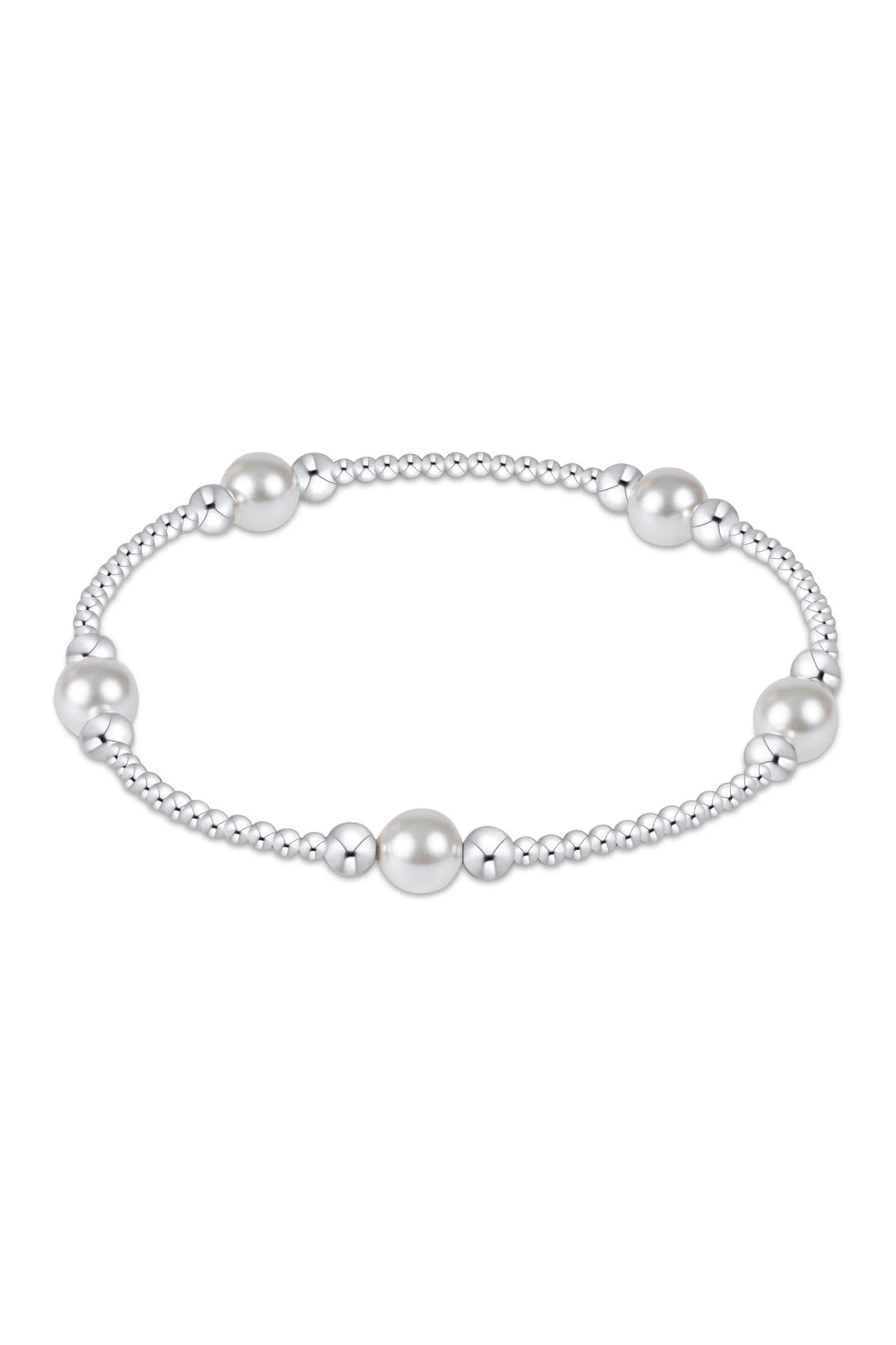Enewton Purpose Pearl 6mm bead bracelet with sterling silver clasp, showcasing elegant white pearls on a delicate jewelry accessory.