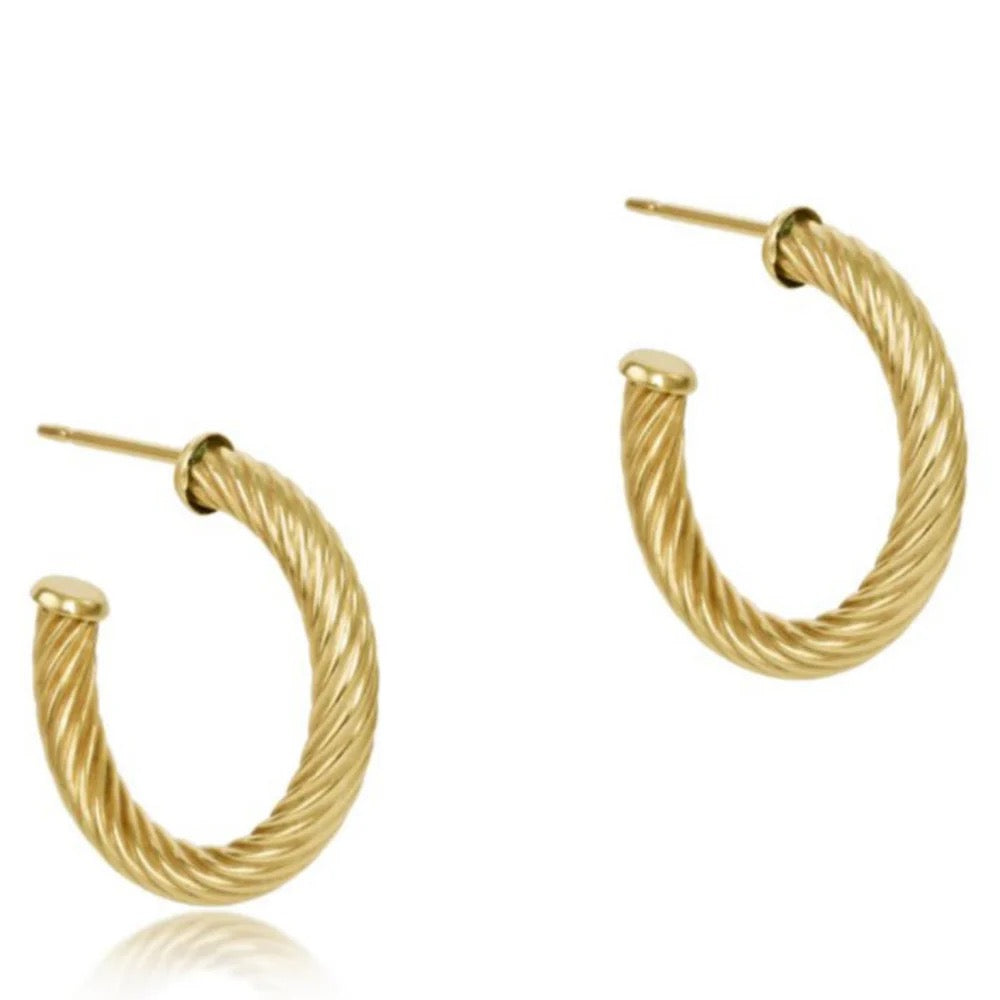 Round gold post hoop earring by Enewton, 1.125-inch textured twist design with 4mm thickness, perfect for accessories.