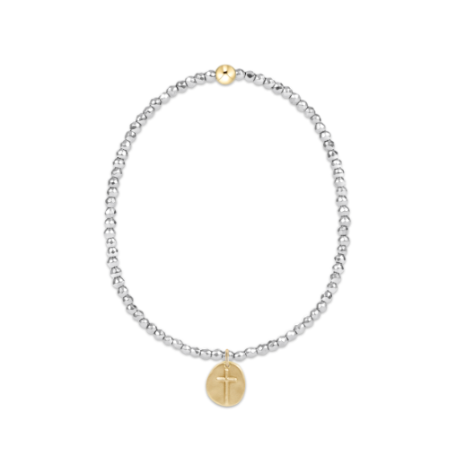 Silver faceted hematite bead bracelet with a small gold Inspire charm, featuring 2mm beads and stylish accessory design.