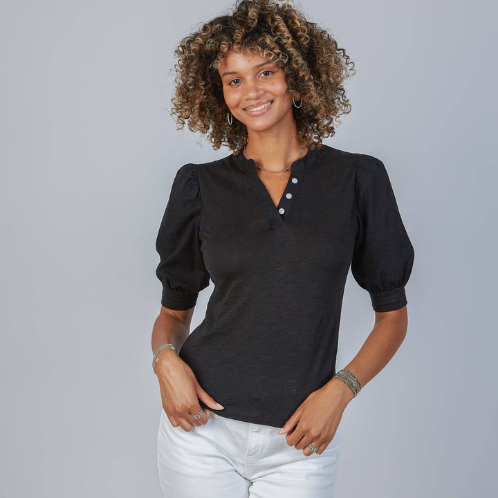 Erin Gray Kate puff sleeve tee in soft fabric, featuring puffed sleeves and a relaxed fit, styled as a casual tops outfit.