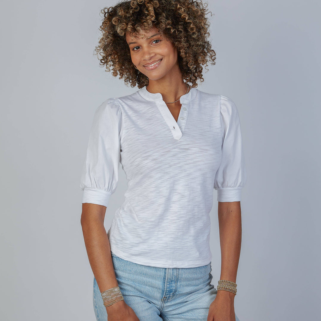 Erin Gray Kate puff sleeve tee, stylish casual top with puffed sleeves and relaxed fit, displayed on a neutral background.