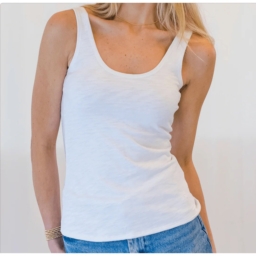 Erin Gray double layer tank top with sleeveless design, layered fabric in neutral tones, perfect for casual or layered outfits.