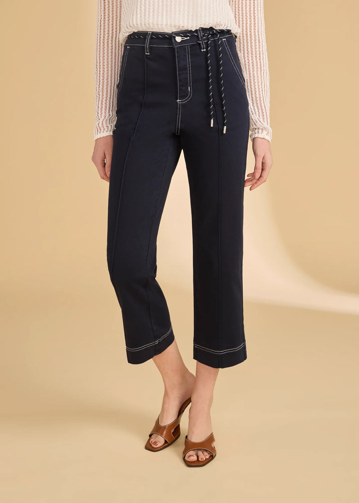 Navy FDJ straight 26-inch crop pants for women, showcasing a fitted style and cropped length in a casual bottoms design.