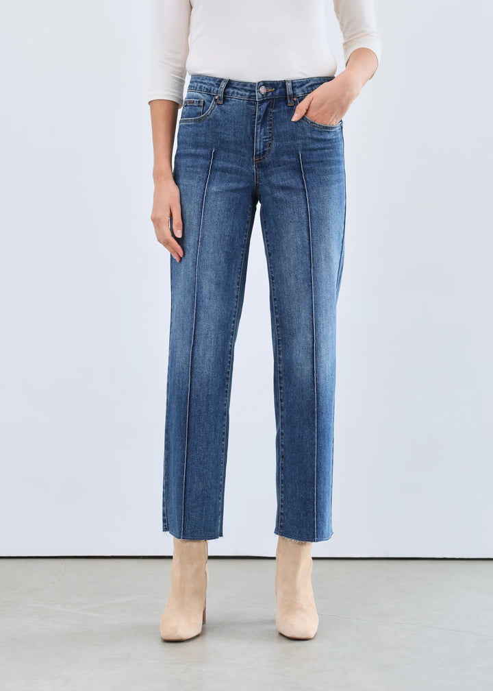 FDJ Olivia Wide Ankle Jean bottoms featuring classic denim fabric and a relaxed fit, shown on a model with rolled cuffs.