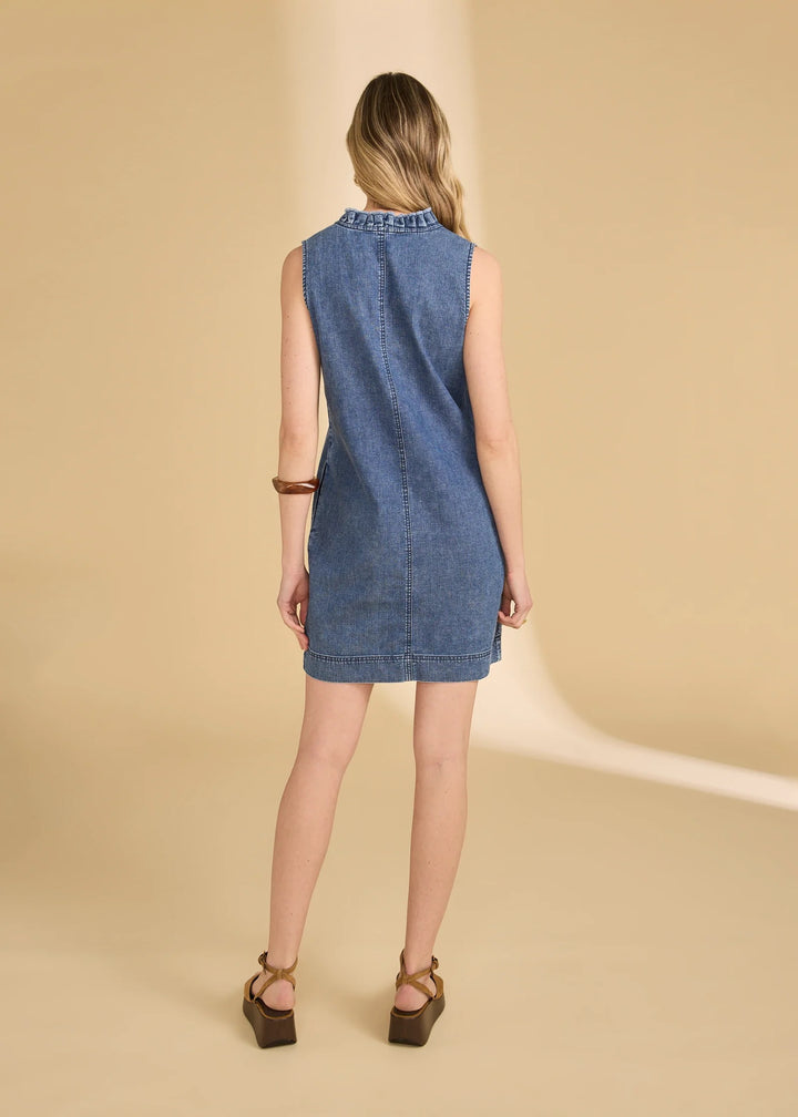 FDJ denim shift dress, sleeveless casual dress featuring classic blue denim fabric and a simple, stylish silhouette.