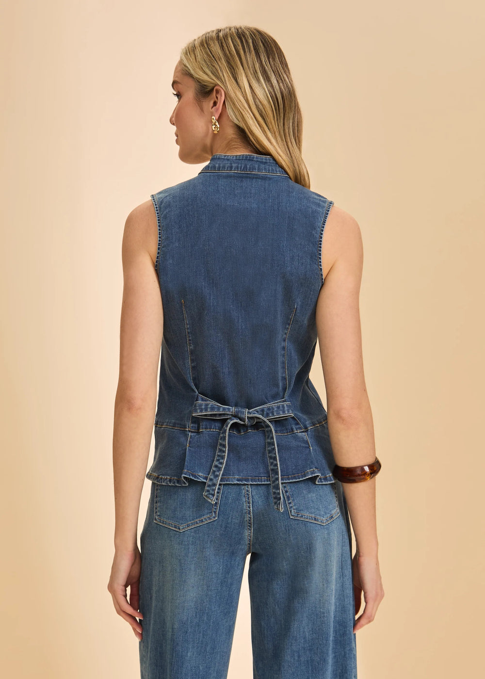 FDJ denim button-up vest, casual tops featuring front buttons and classic denim fabric, displayed on a neutral background.