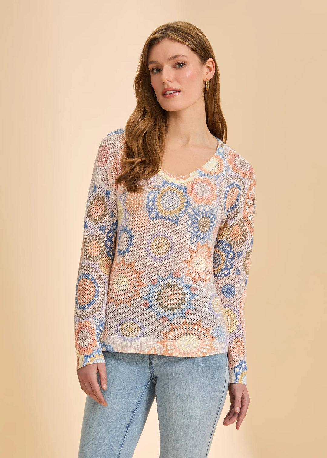 FDJ Medallion V-Neck Sweater, stylish knit tops with medallion pattern, featuring a V-neck design and comfortable fit.