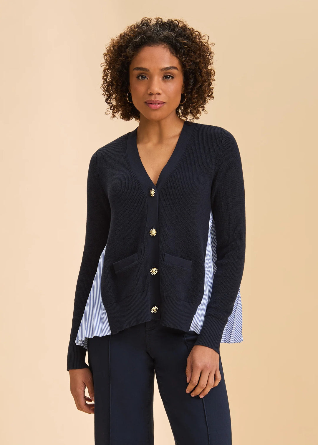 FDJ navy mixed-media cardigan, stylish women's tops with knit and fabric panels, displayed on a hanger.