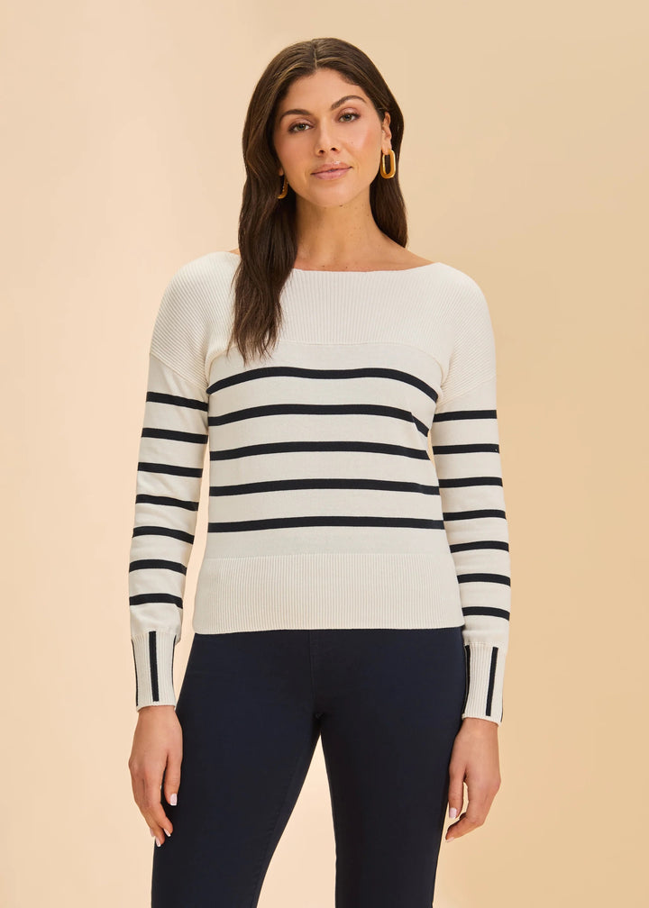 White and navy striped sweater by FDJ, featuring long sleeves and a cozy knit fabric, styled as a casual tops option.