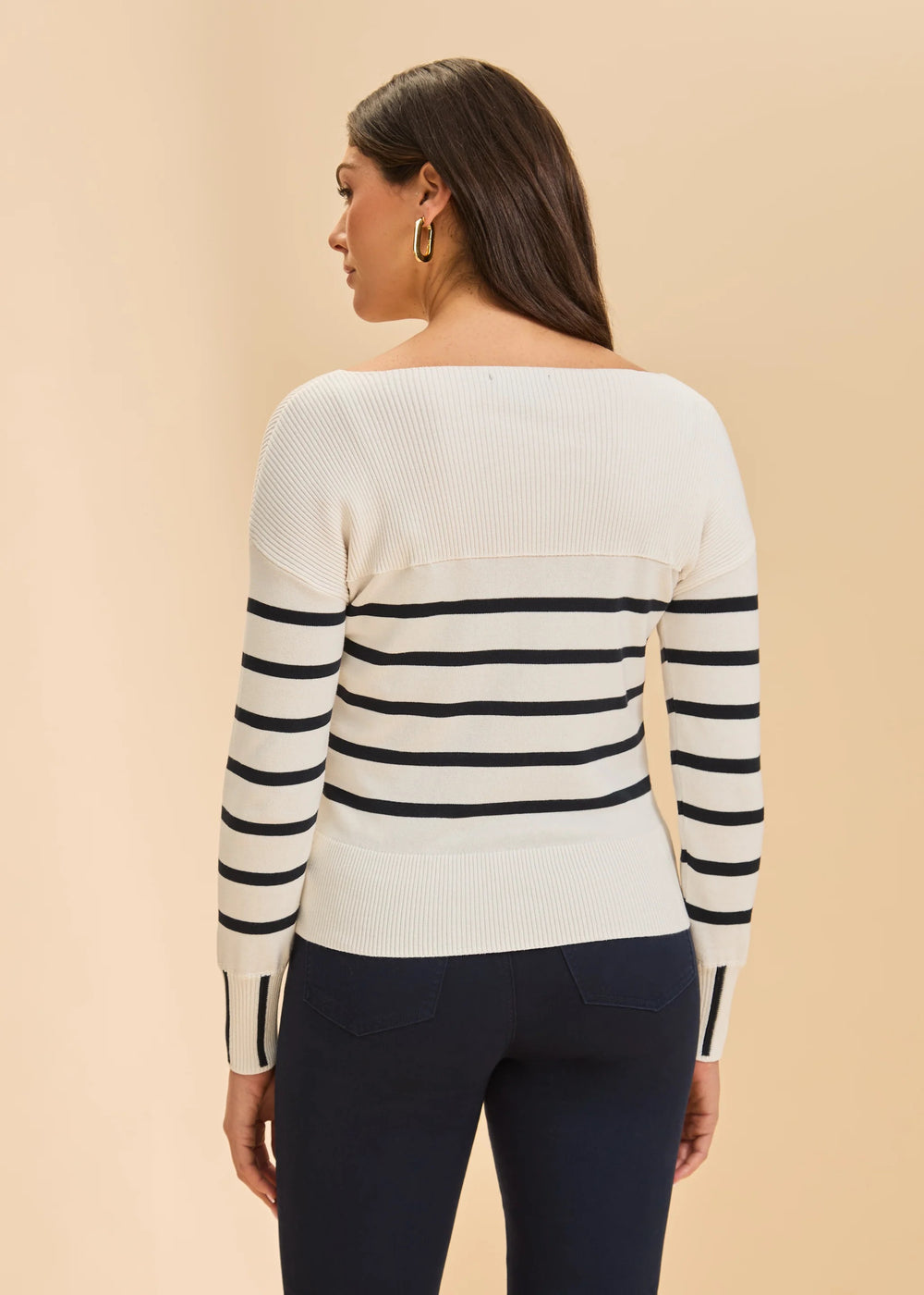 FDJ white and navy striped sweater, long-sleeve tops with a classic horizontal stripe pattern and soft knit fabric.
