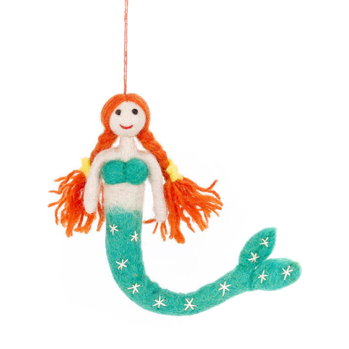 Set of Felt So Good mermaid ornaments made of colorful felt, styled as whimsical mermaid figures for home decor.