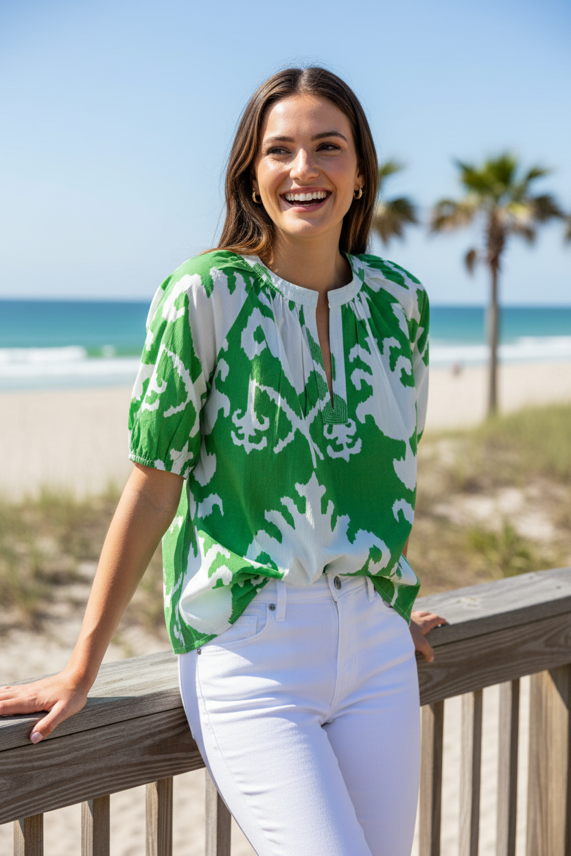 Fitzroy & Willa Sallie Green Ikat blouse, stylish tops with vibrant green and intricate ikat pattern, displayed on a hanger.