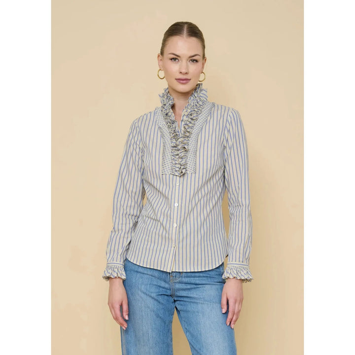 Flora Bea Indie Ruffle Blouse featuring delicate ruffle details and lightweight fabric, perfect for stylish tops.