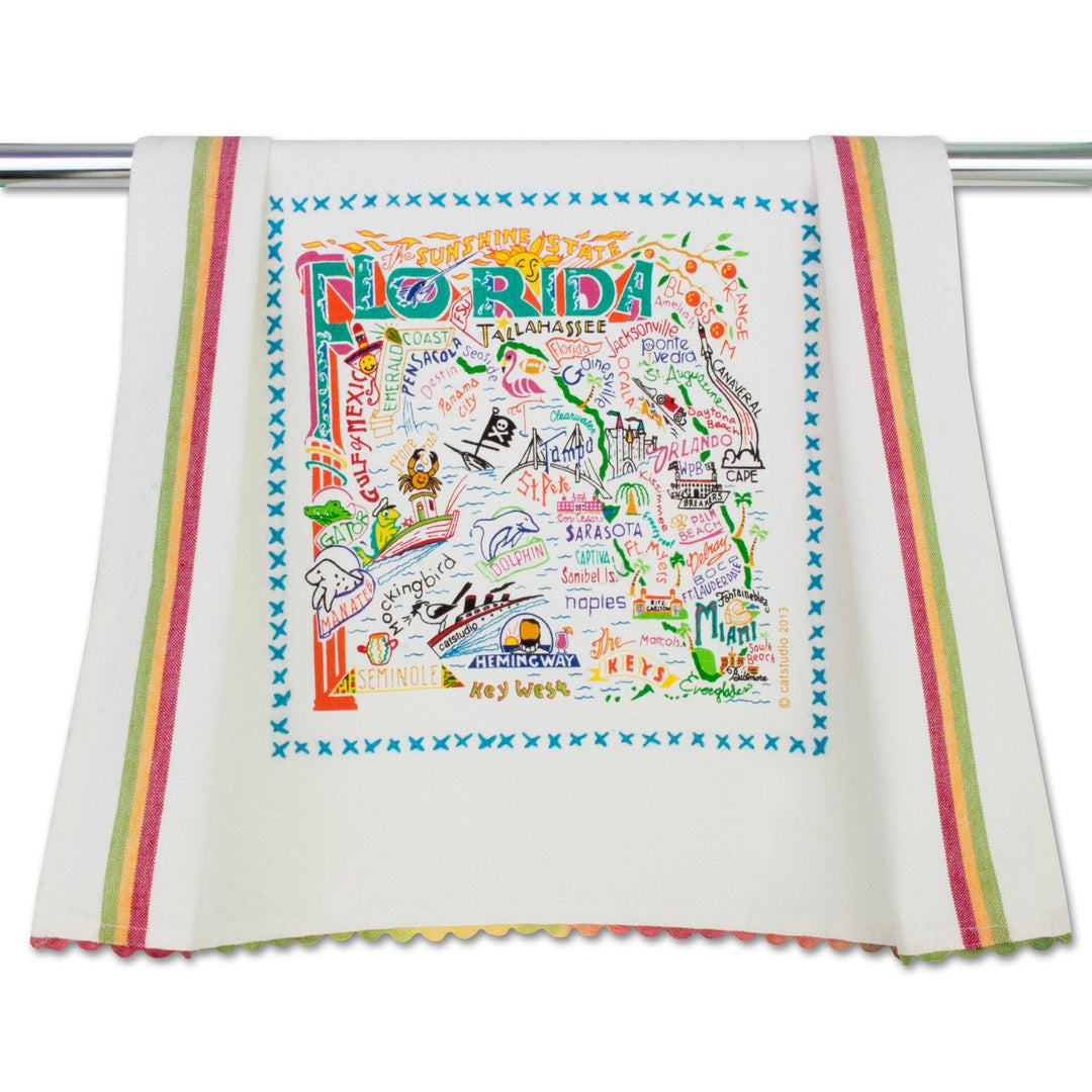 Catstudio Florida Geography Dish Towel featuring colorful map design, perfect for kitchen decor and practical use