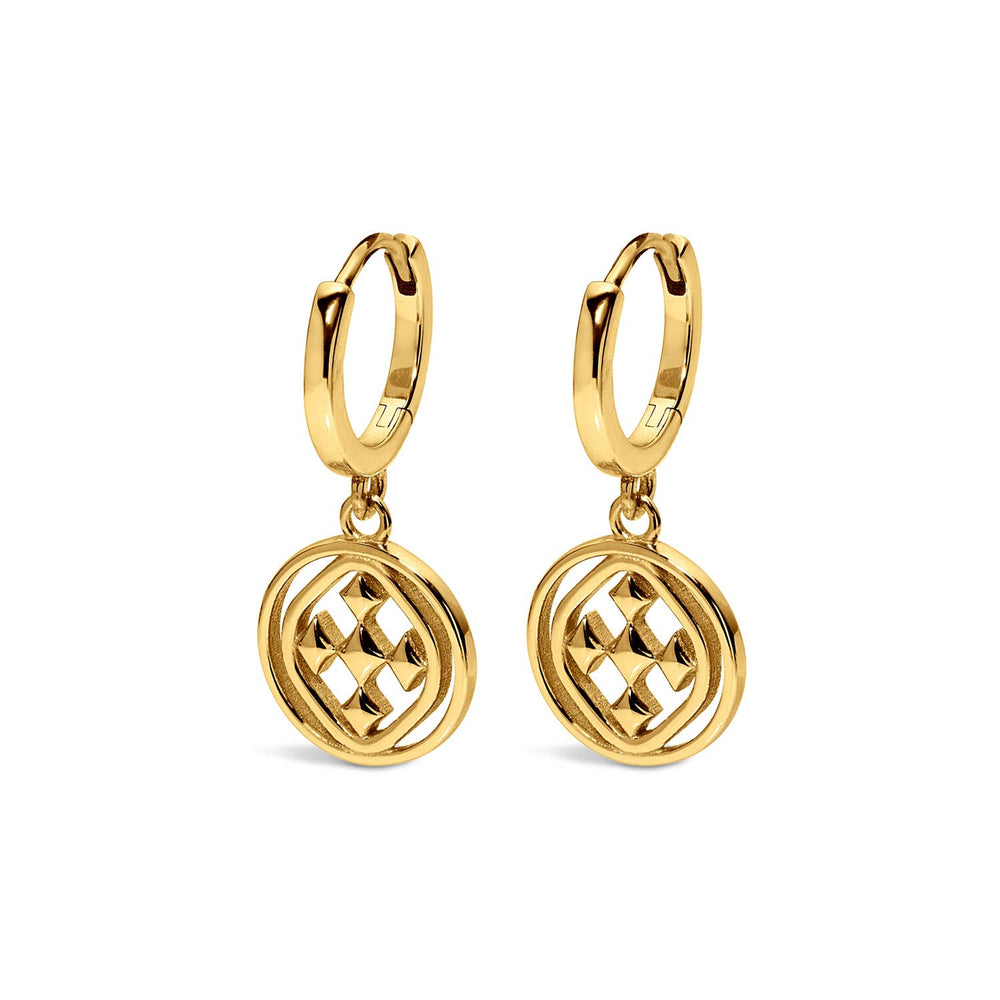 Gracewear Collection medallion huggie hoops earrings with intricate design, small gold hoops for stylish accessories.
