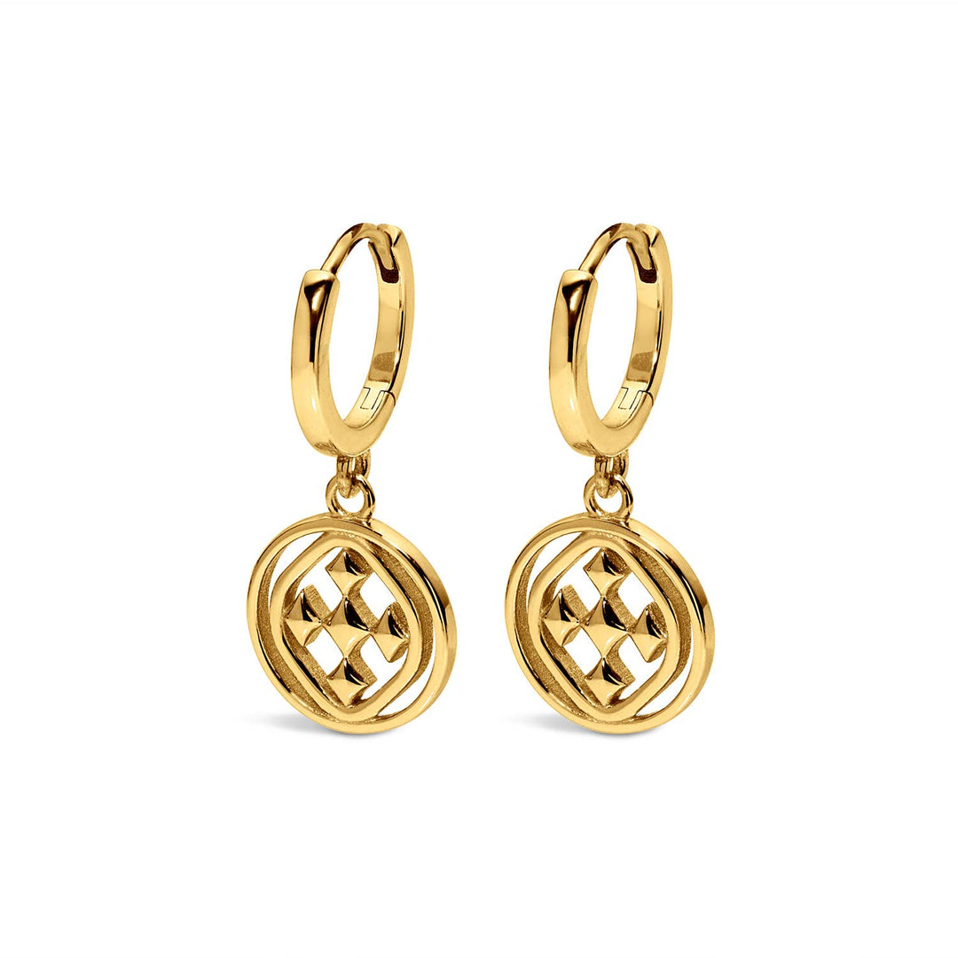 Gracewear Collection medallion huggie hoops earrings with intricate design, small gold hoops for stylish accessories.
