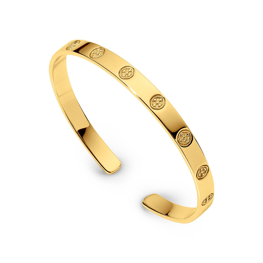 Gracewear Collection shield embossed bangle bracelet, showcasing detailed silver-tone metal with intricate embossed design.