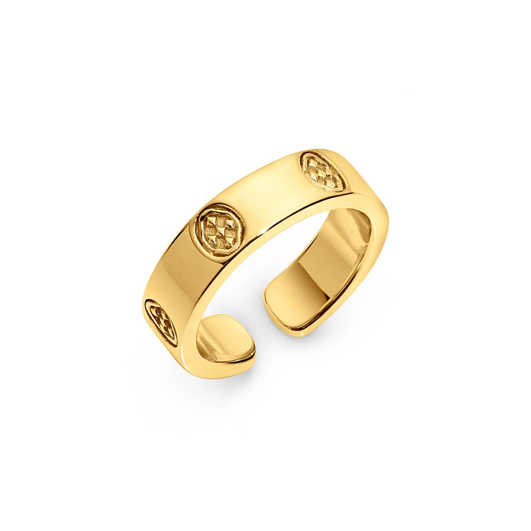 Gracewear Collection shield embossed ring, accessories featuring a detailed shield design in polished metal on a plain background.