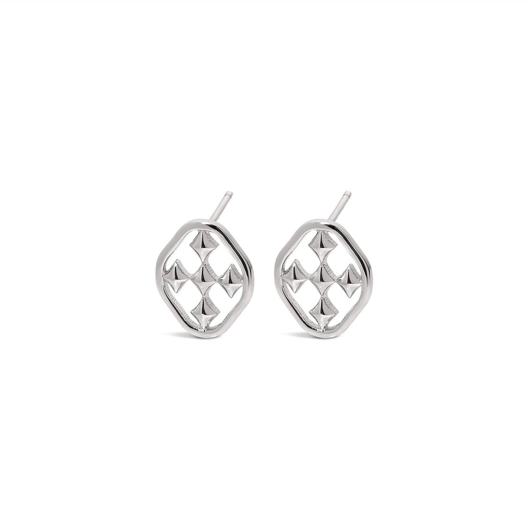 Gracewear Collection shield post earrings, silver-toned accessories with bold shield-shaped design, perfect for stylish everyday wear.